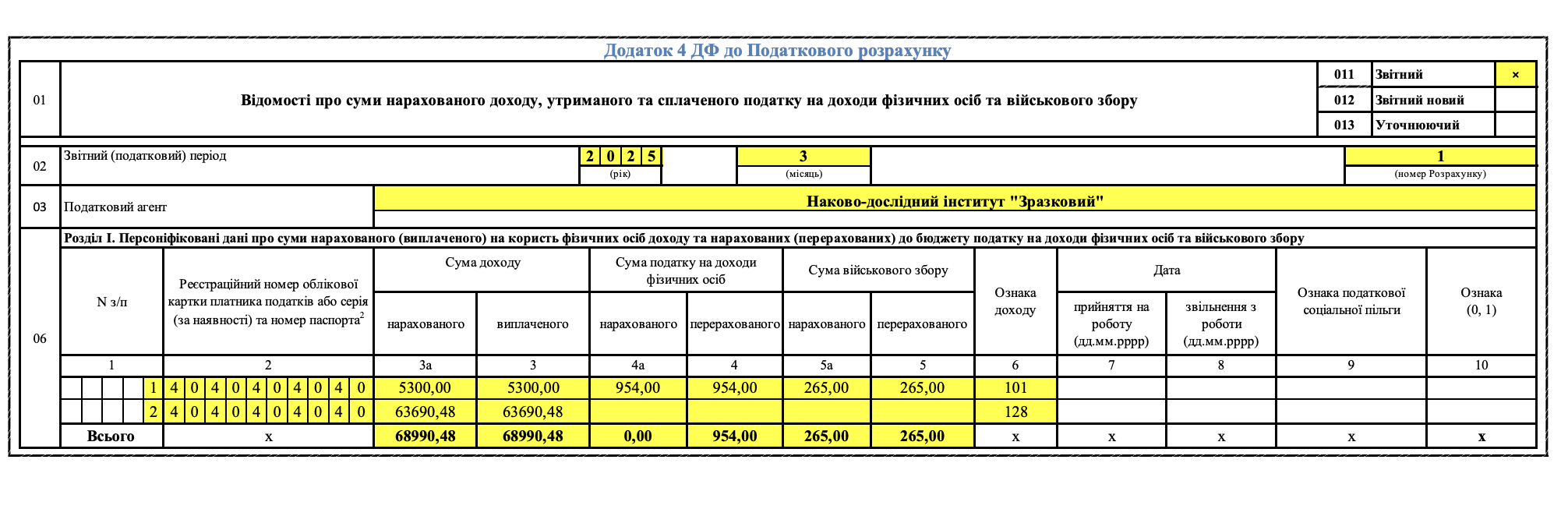 Додаток 4 ДФ до Податкового розрахунку